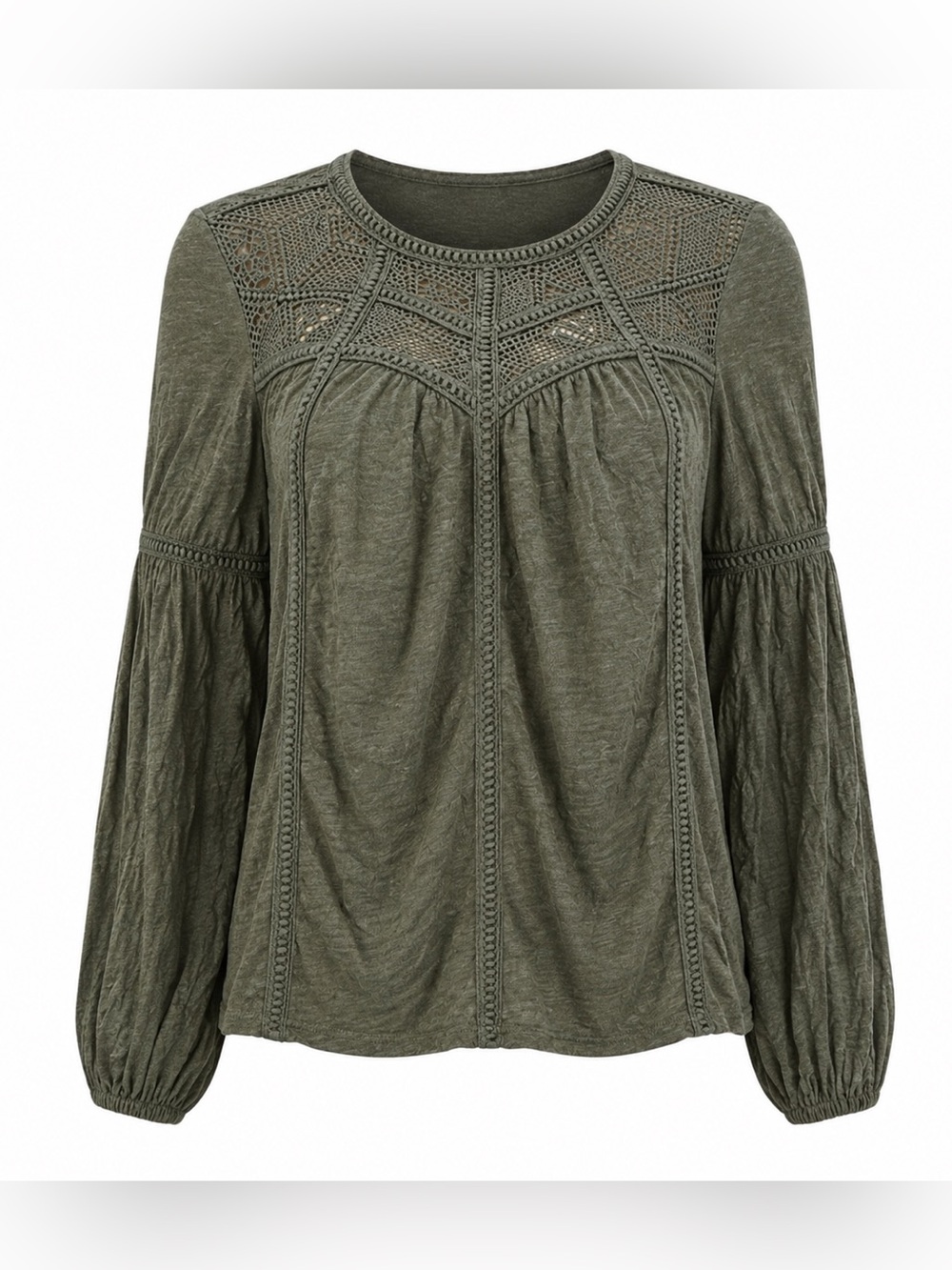 Sundance Crochet Lace Boho Peasant Top Olive Green Crinkle Blouse Size L